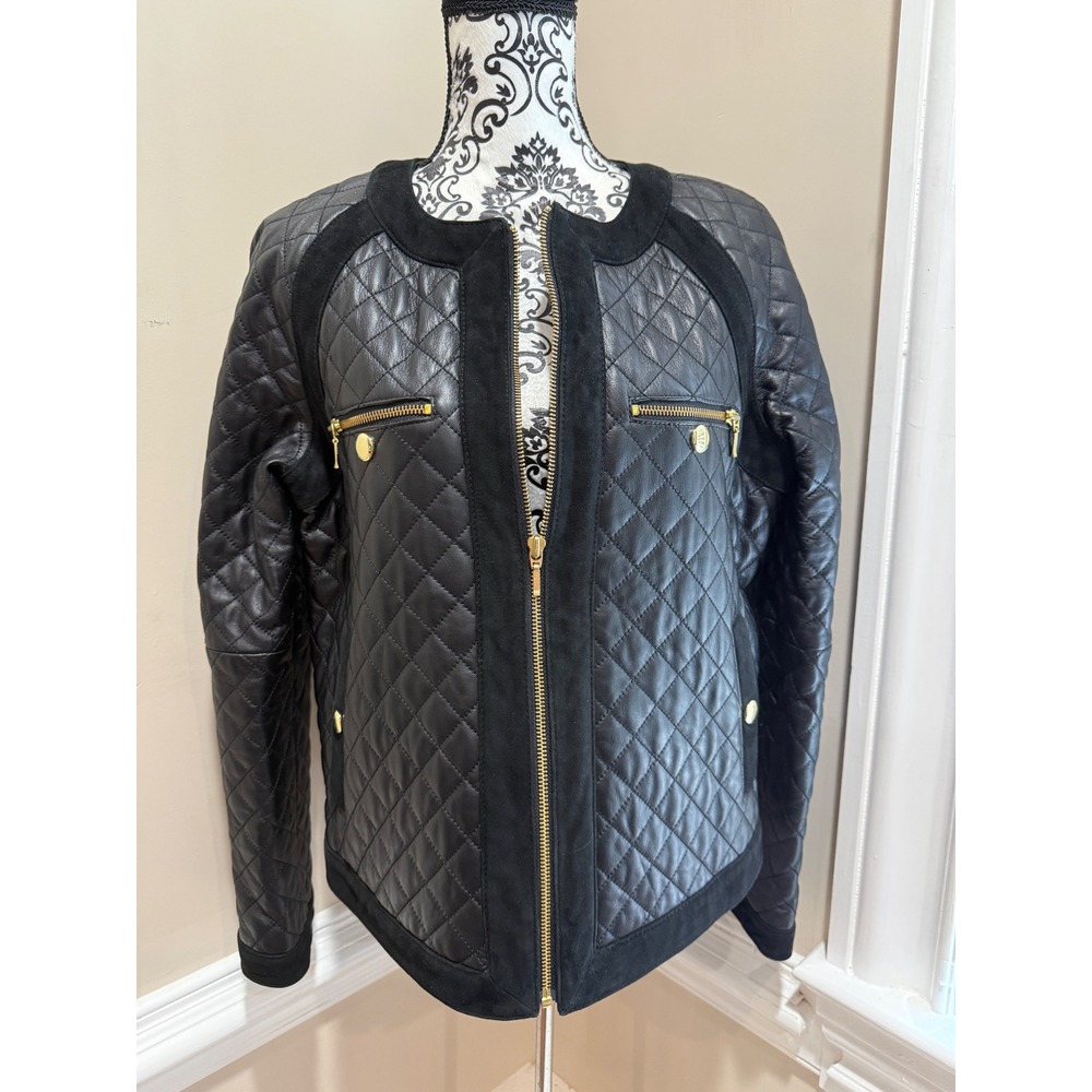 Antonio Melani Black Quilted Genuine Leather Jacket Suede Trim Gold Zip Womens L